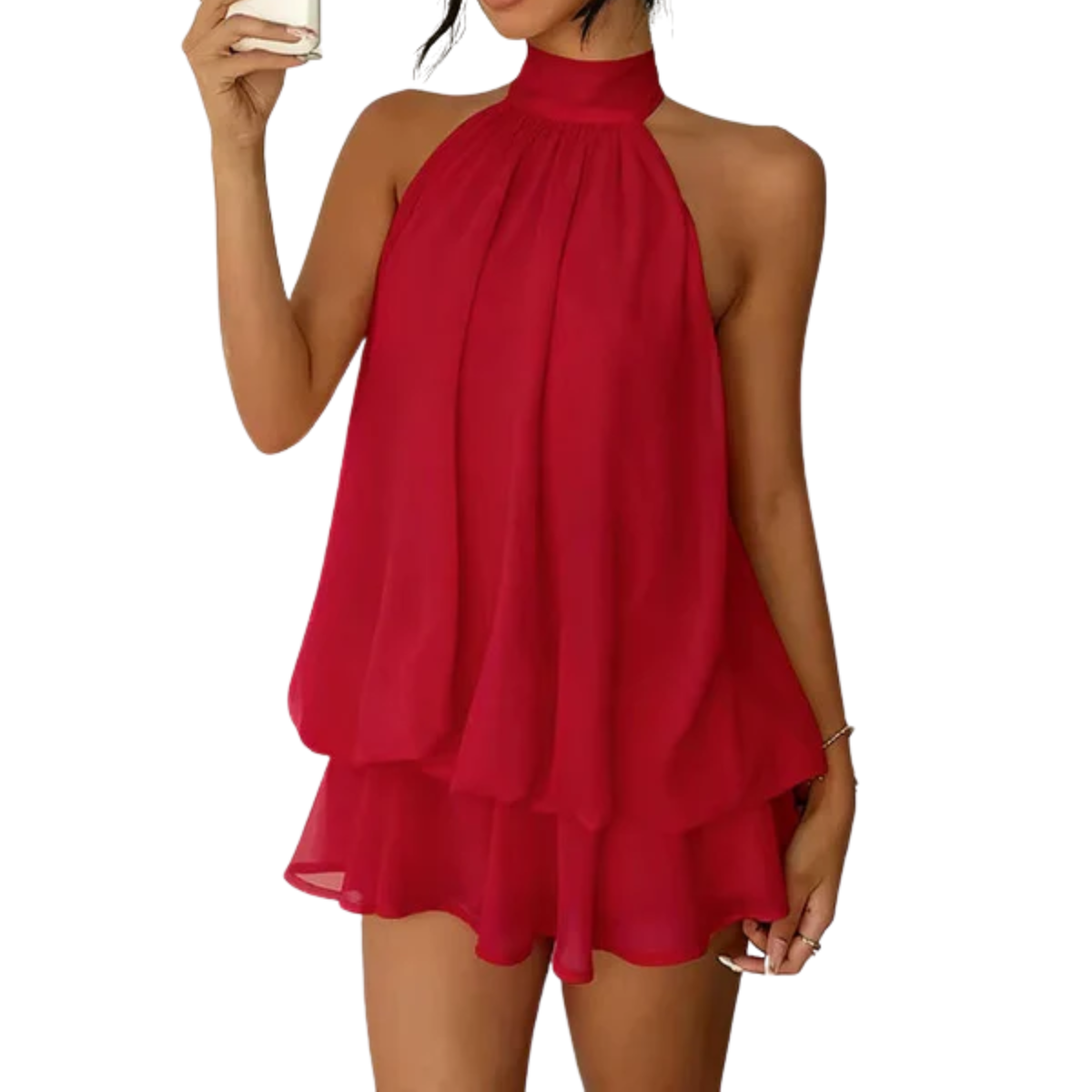 Women's Mini Dress with Layered Ruffles – Backless Halter Trapeze