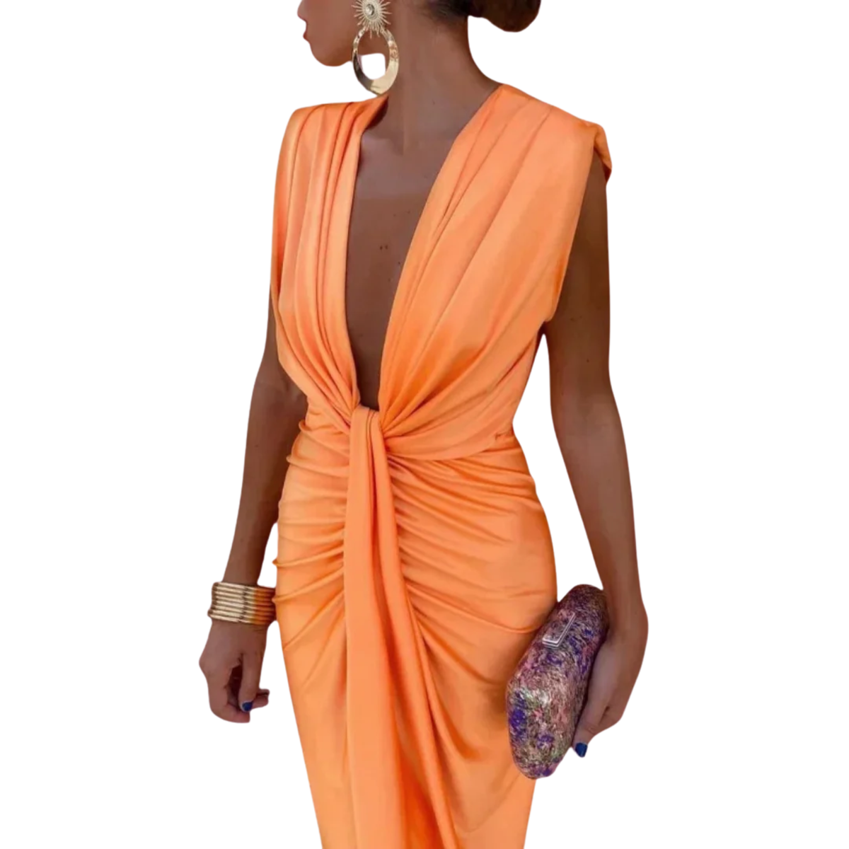 Women's Midi Dress with V-Neck and Gathered Detail – Draped Bow Accent