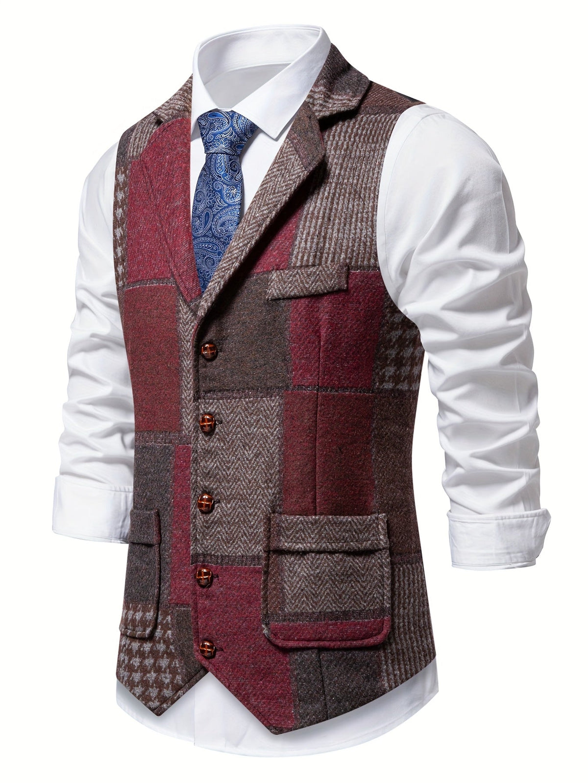 Men's Tweed Herringbone Patchwork Waistcoat – Notched Lapel and Button Closure