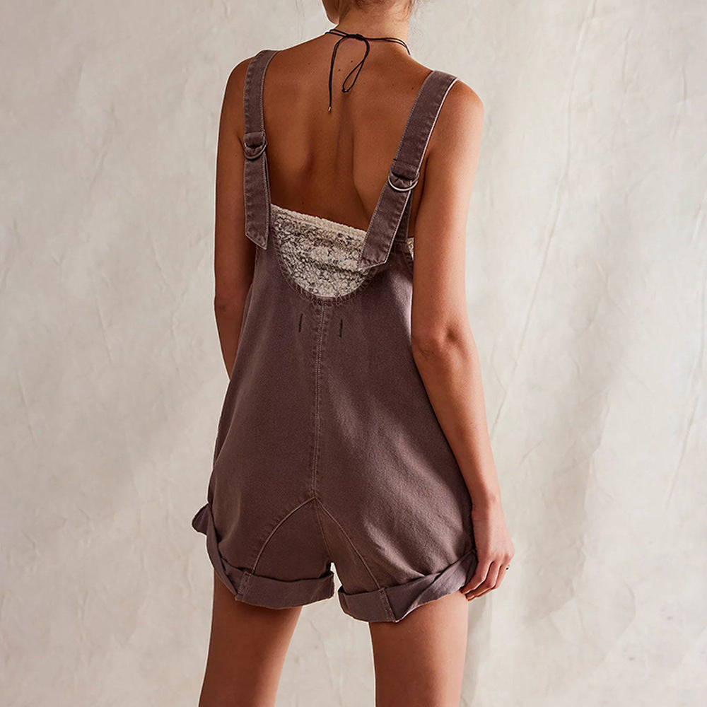 Women's Short Denim Jumpsuit – Oversized Sleeveless Cut with Pockets