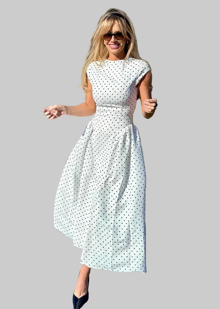 Women's Long Polka Dot Dress – High Neck, Short Sleeves, A-Line Cut