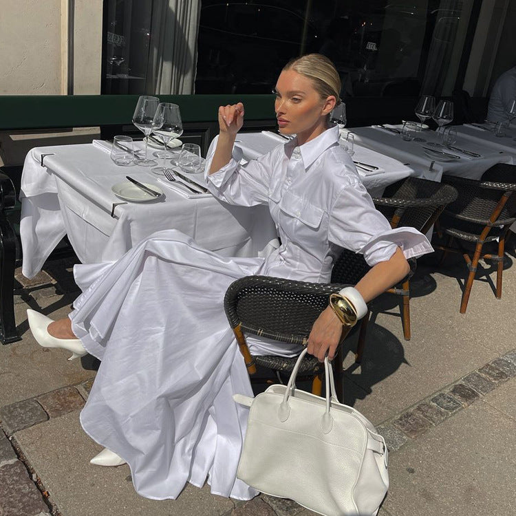Women’s White Cotton Maxi Shirt Dress – Long Sleeves, Pleated Flared Cut