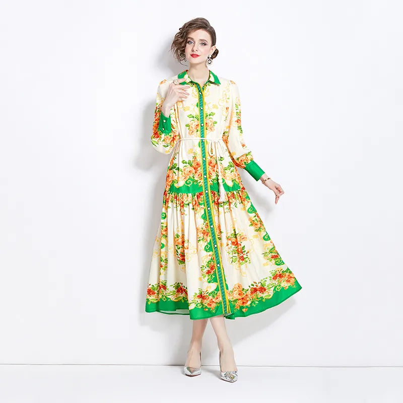 Women's Maxi Dress Lantern Sleeves Retro Style – Artistic Print
