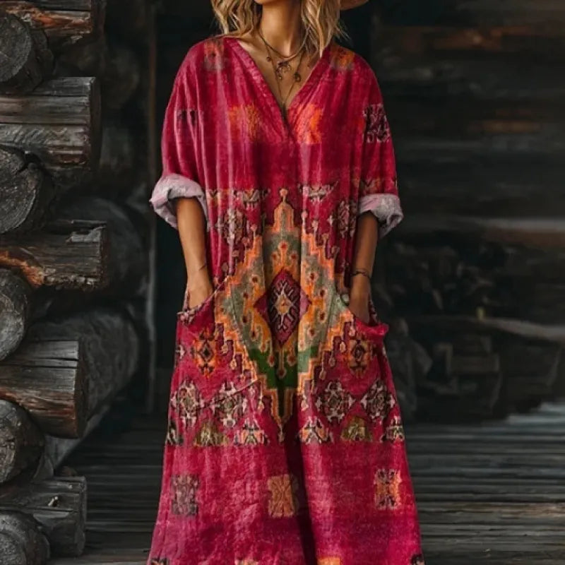 Women's Floral Vintage Print Maxi Dress – Relaxed V-Neck with Pockets
