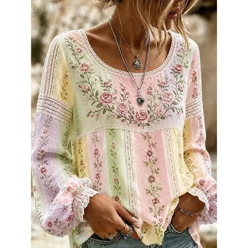 Women's Blended Linen Blouse – Floral Embroidery, Relaxed Fit