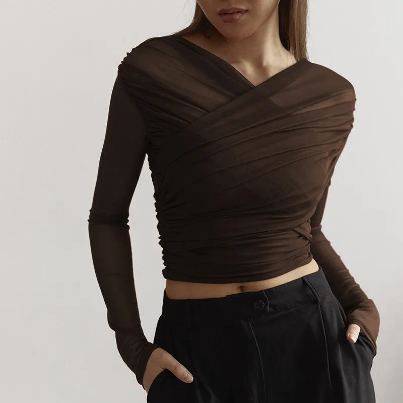 Women's Pleated Long-Sleeve Top – Elegant Fitted Cut
