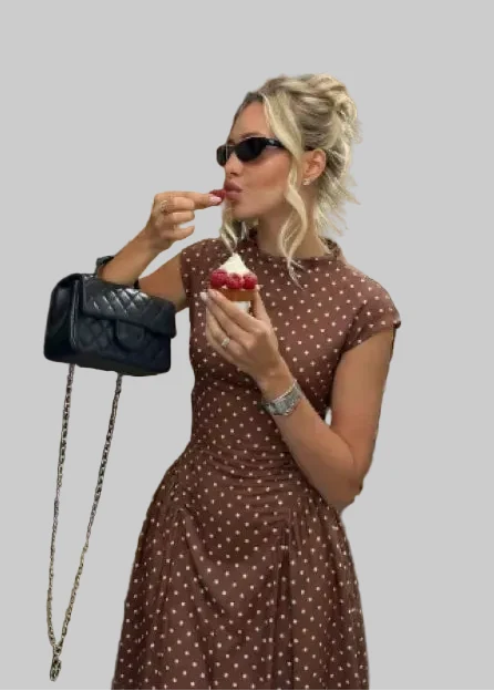 Women's Long Polka Dot Dress – High Neck, Short Sleeves, A-Line Cut