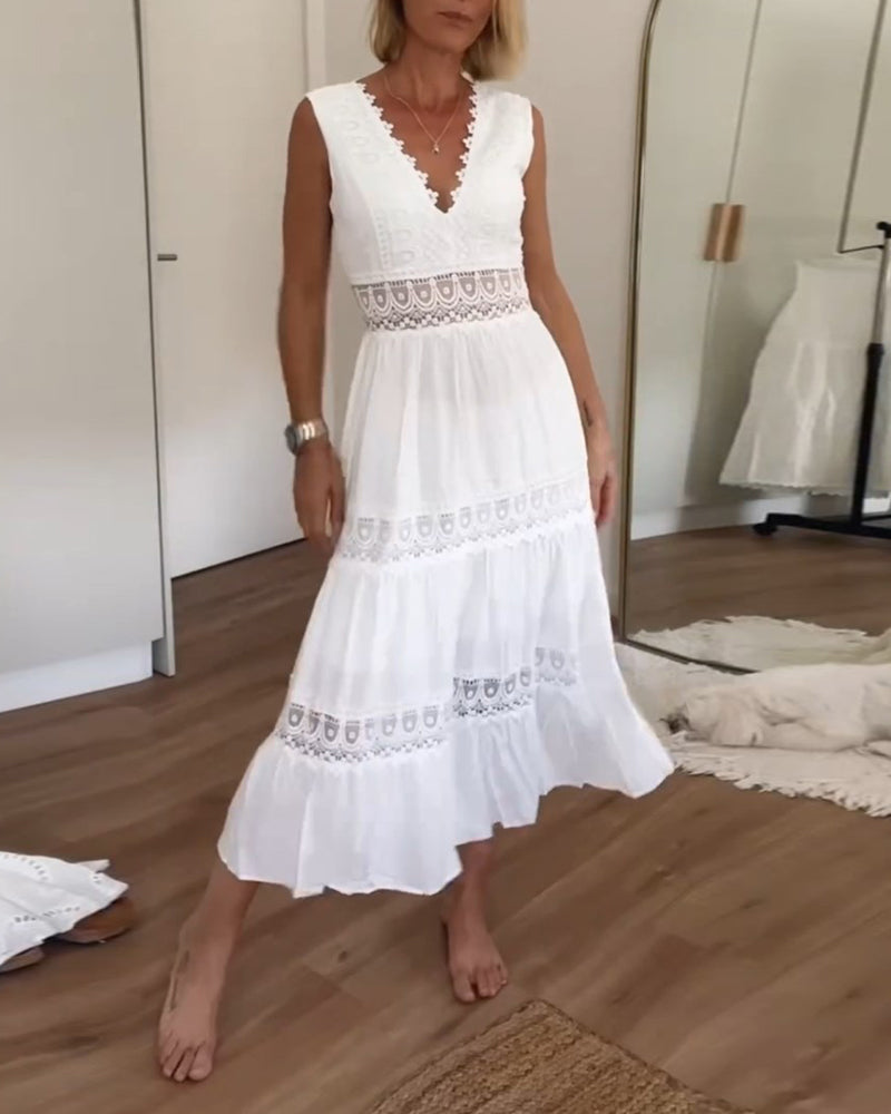 Women's White Bohemian Lace Midi Dress – V-Neck Sleeveless