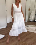 Women's White Bohemian Lace Midi Dress – V-Neck Sleeveless