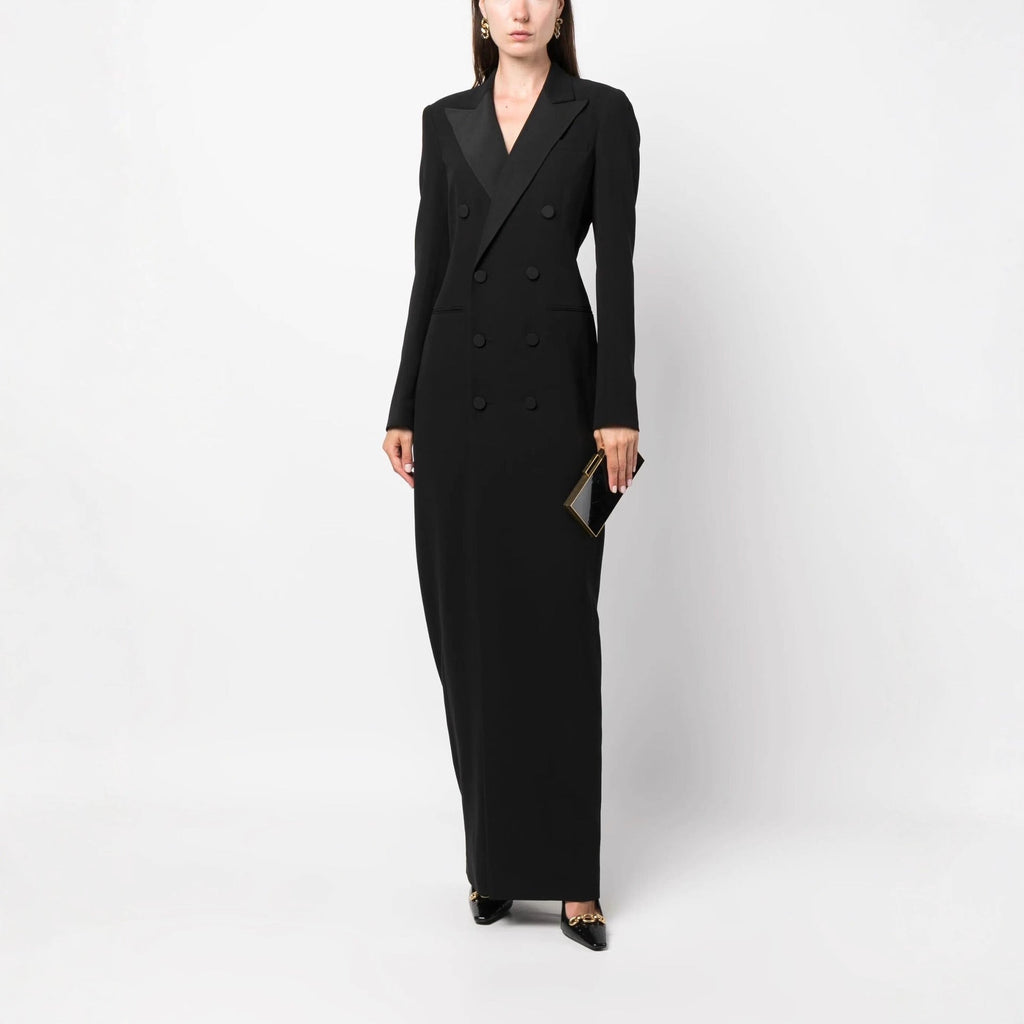 Women's Long Dress Blazer Style – Notched Lapel, Double-Breasted, Column Cut
