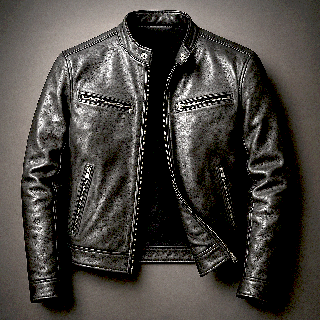 Men’s Vintage Leather Jacket – Stand Collar Structured Cut Zip Fastening Pockets