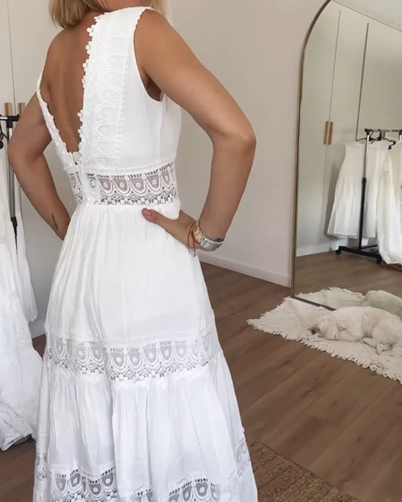 Women's White Bohemian Lace Midi Dress – V-Neck Sleeveless