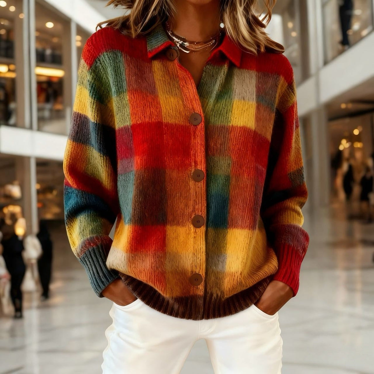Women's Plaid Cardigan – Lightweight Woven Fabric, Regular Fit