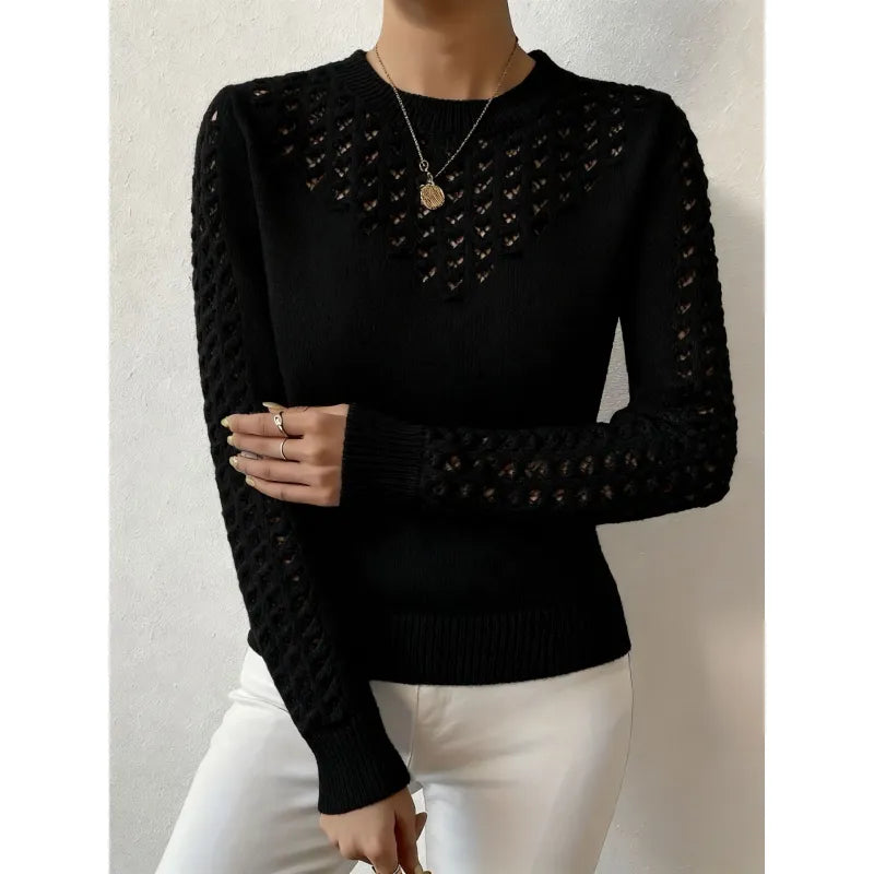 Women's Openwork Knit Sweater – Fitted Cut, Round Neck