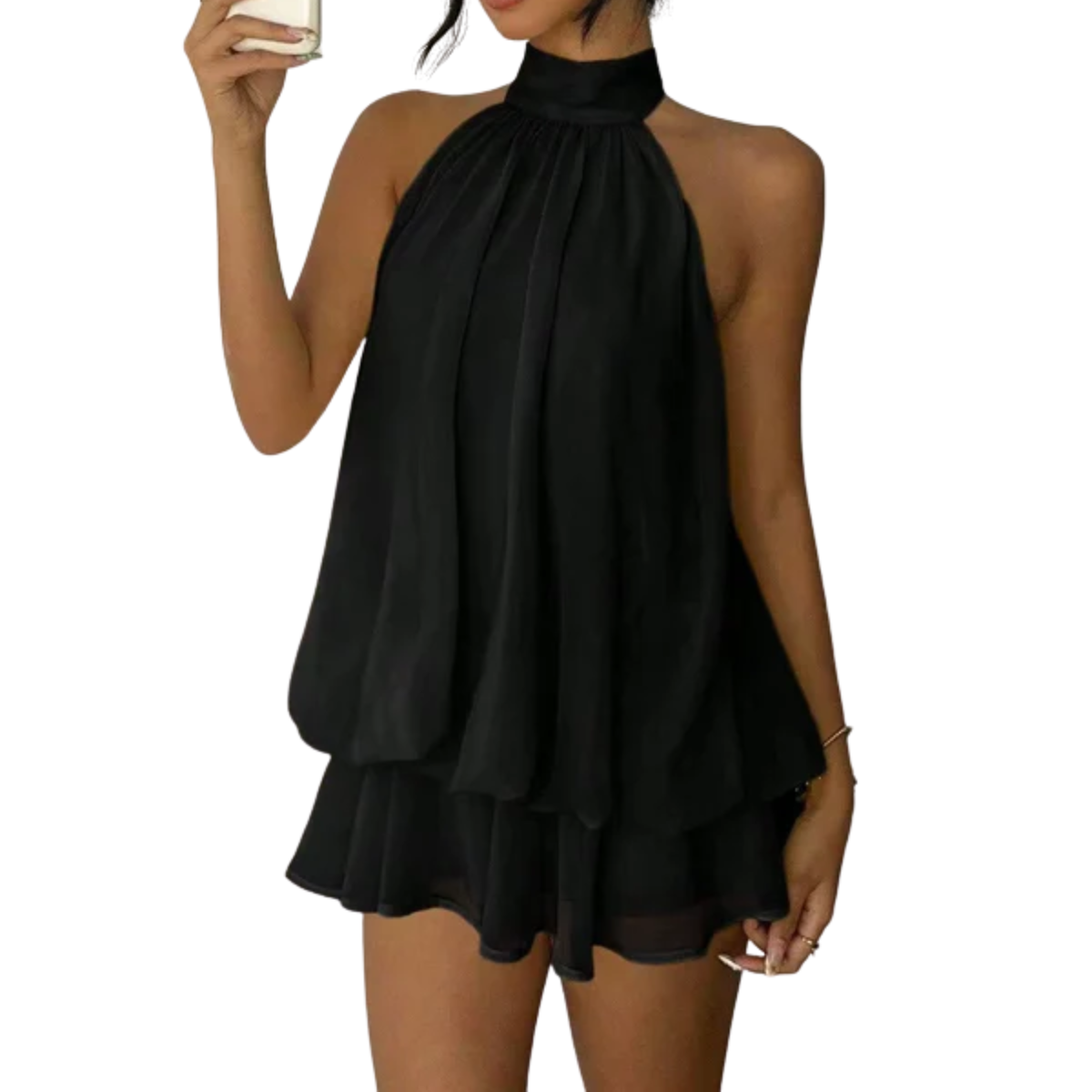 Women's Mini Dress with Layered Ruffles – Backless Halter Trapeze