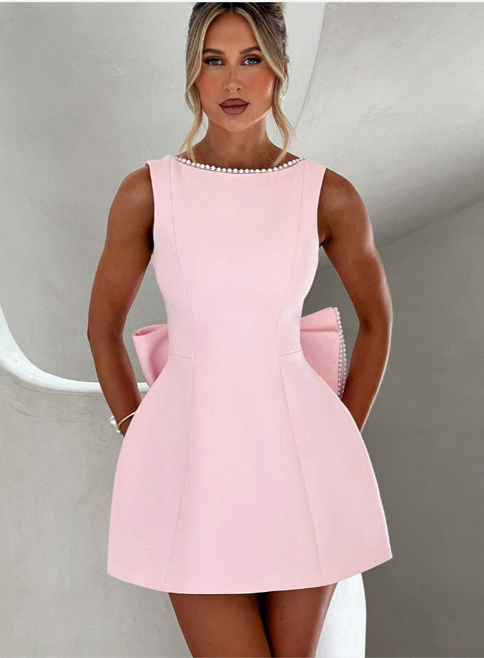 Women's A-Line Mini Dress with Open Back – Sleeveless, Beaded Bow
