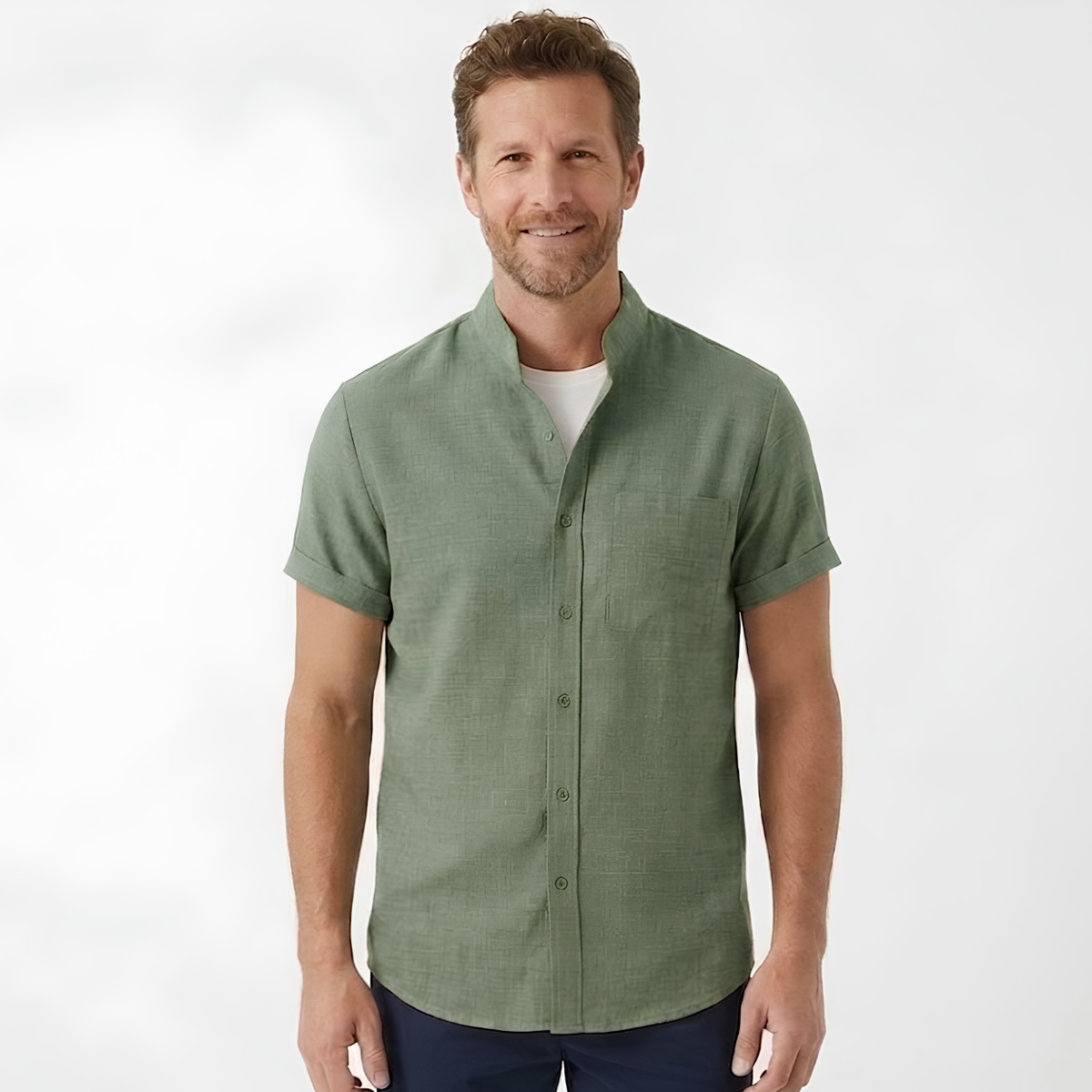 Men's Cotton-Linen Short Sleeve Shirt – Mandarin Collar Straight Cut