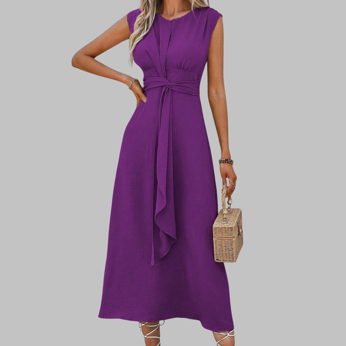 Women's Mid-Length Sleeveless Dress – Round Neck and Tied Belt