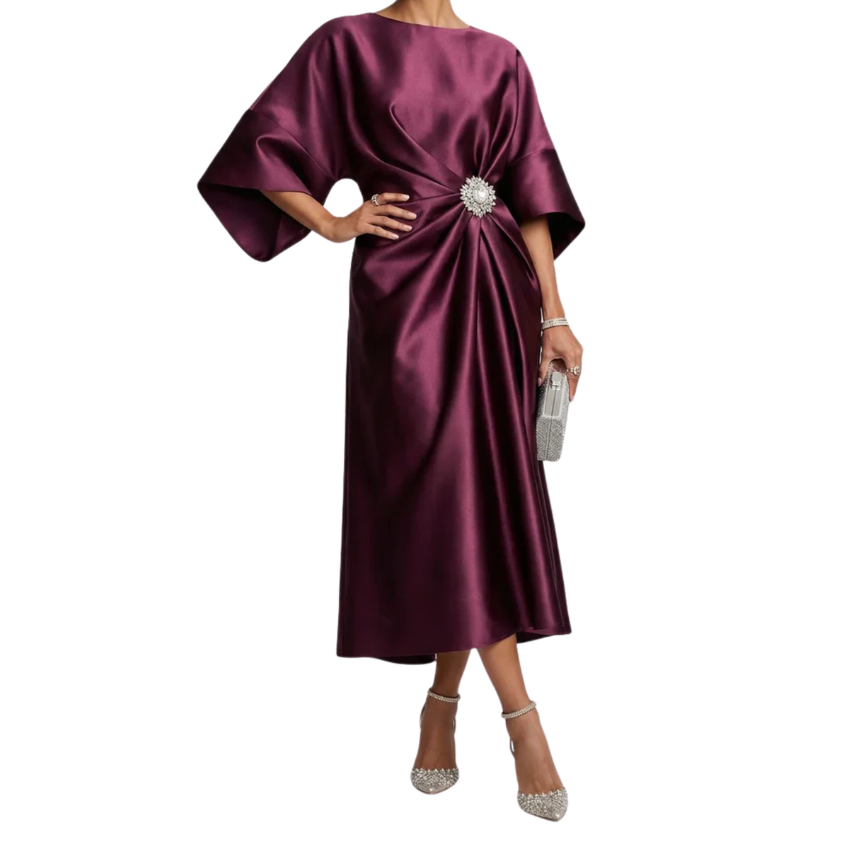 Women's Satin Midi Dress – Batwing Sleeves & Jewel Draped Waist