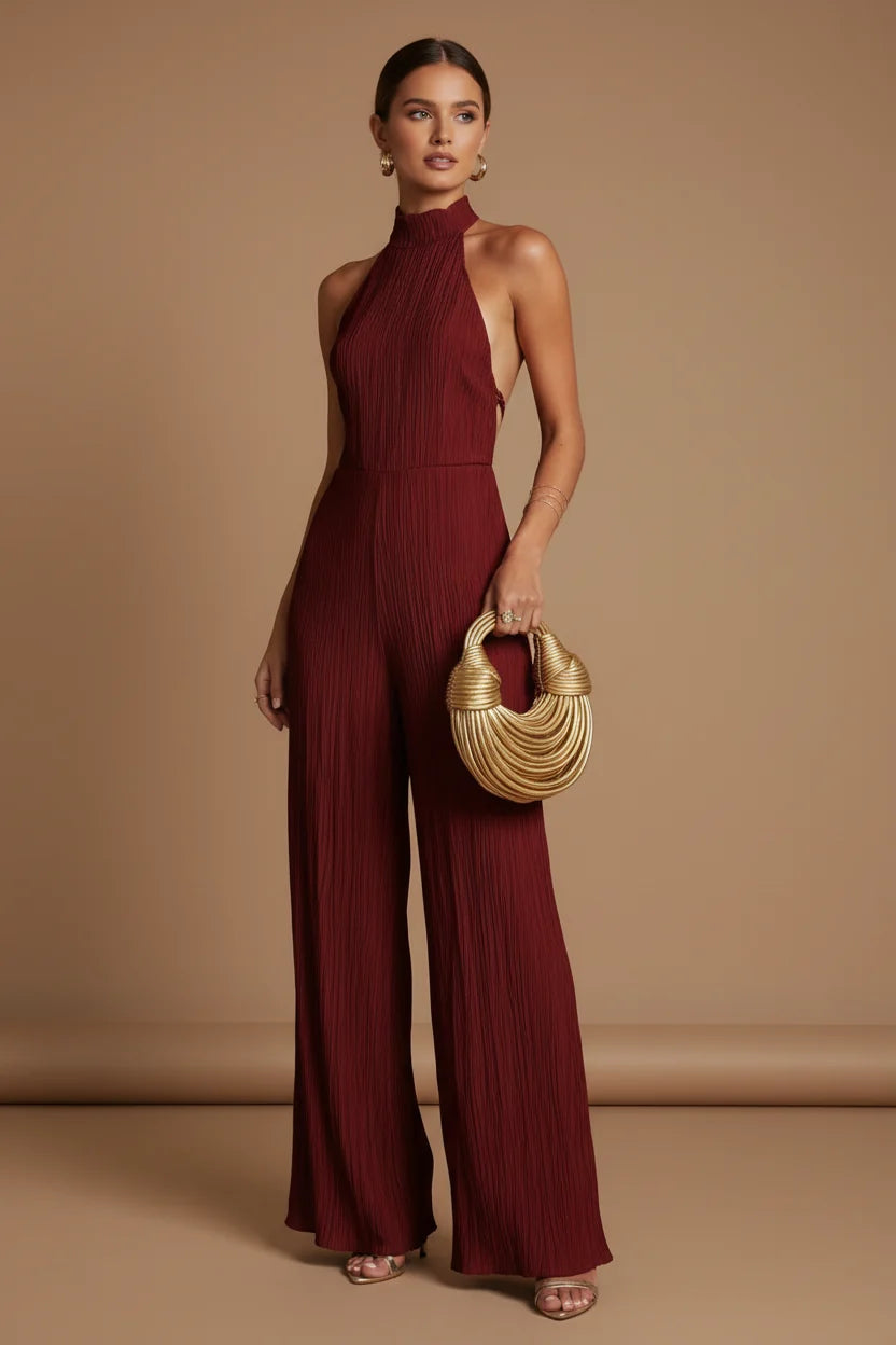 Women's Two-Piece Set – Asymmetrical Off-Shoulder Top and Pleated Trousers