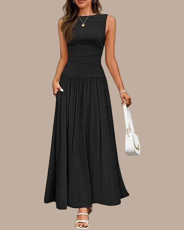Women's Long Sleeveless Dress – Ruched Waist and Full Skirt