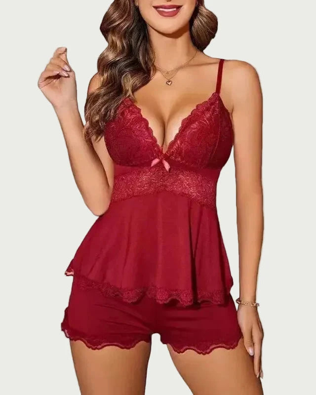 Women's Lingerie Set – Lace V-Neck Camisole & Matching Shorts