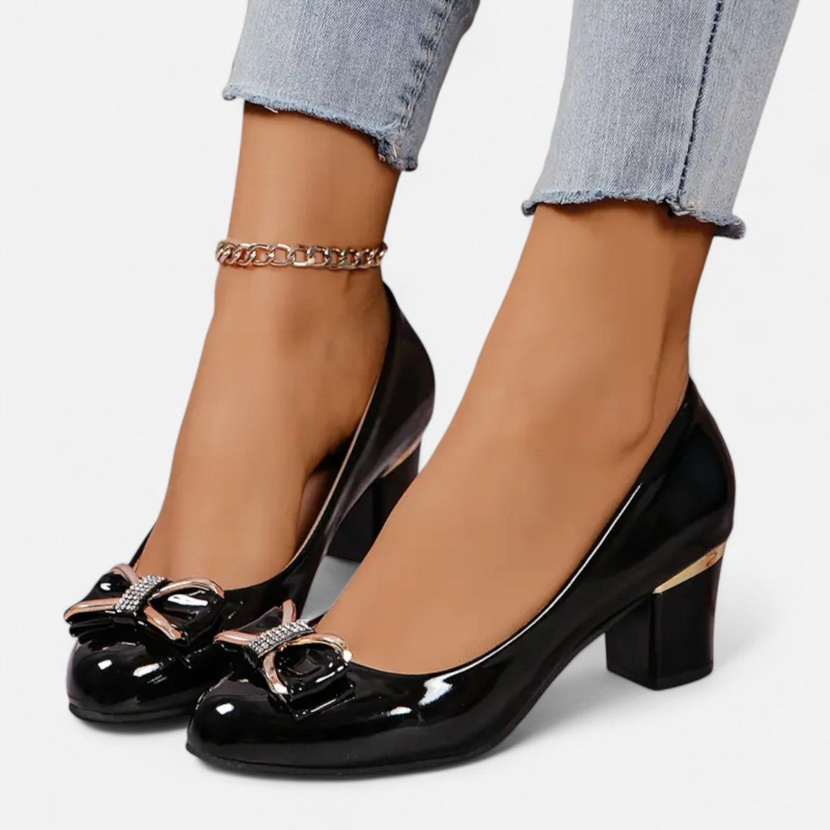 Women's Patent Leather Pumps with Bow – Square Heel, Round Toe