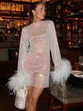 Women’s Sequin Knit Mini Dress – Feather Trims Fitted Bodycon Cut