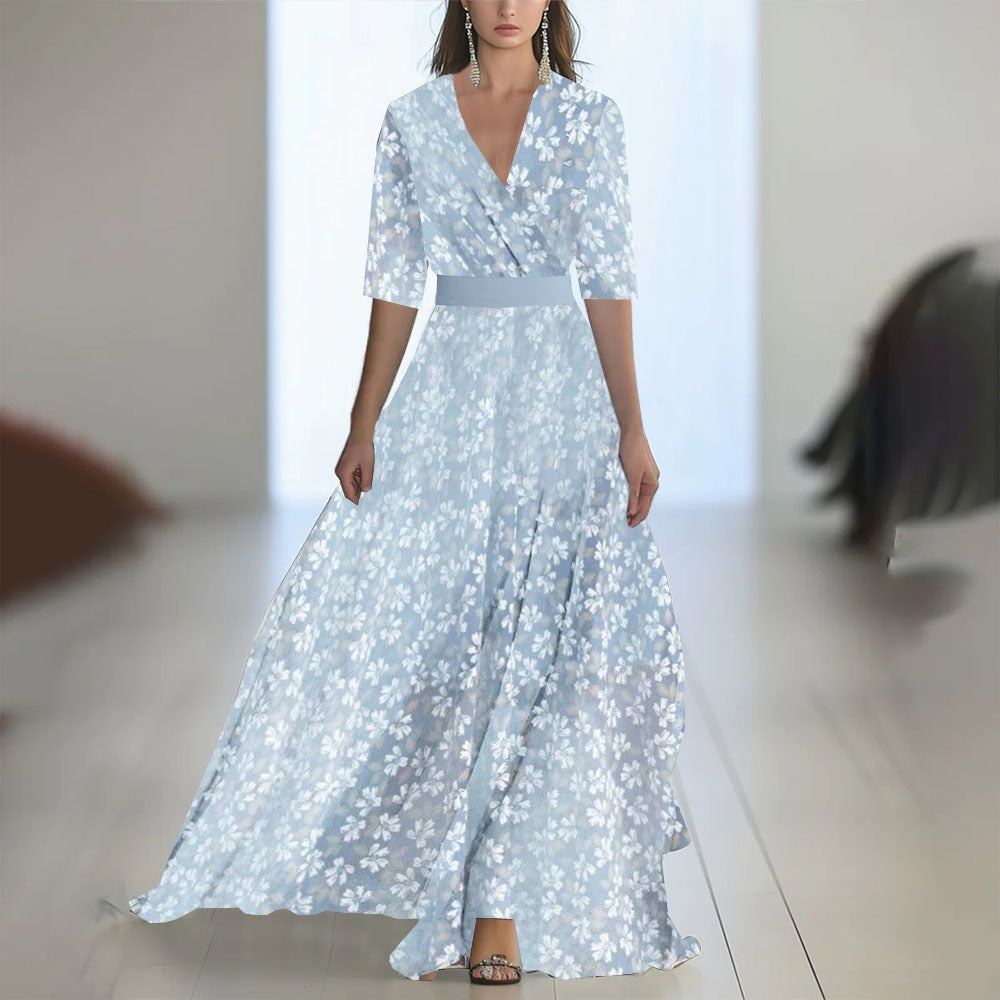 Women's floral maxi dress – V-neck fitted waist