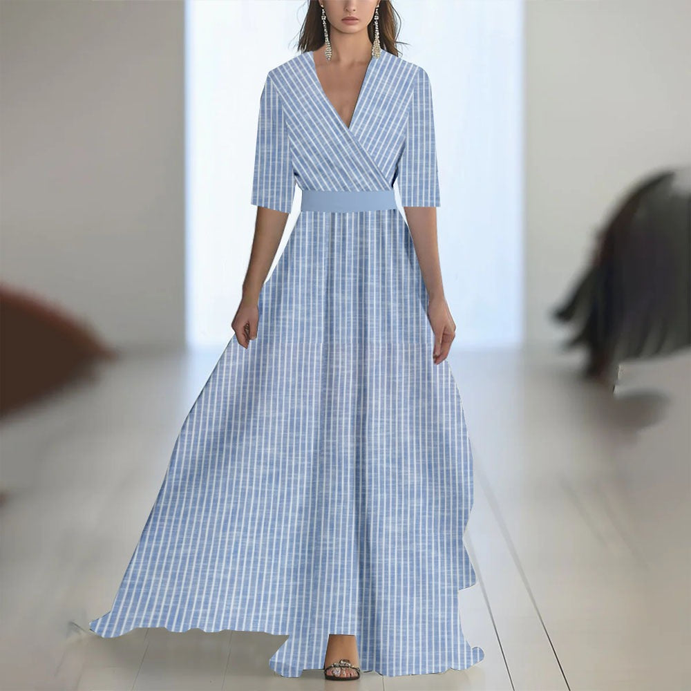 Women's floral maxi dress – V-neck fitted waist