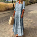 Women’s Bohemian V-Neck Maxi Dress – Loose Cut Mid-Length Sleeves Lightweight