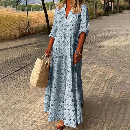 Women’s Bohemian V-Neck Maxi Dress – Loose Cut Mid-Length Sleeves Lightweight