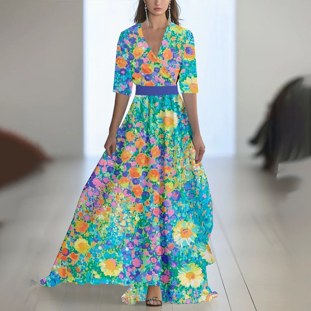 Women's floral maxi dress – V-neck fitted waist