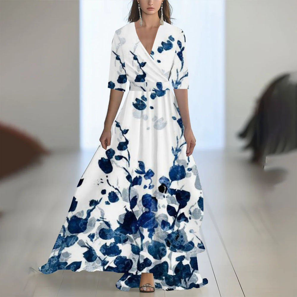 Women's floral maxi dress – V-neck fitted waist