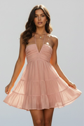 Women's Lightweight Airy Mini Dress – V-Neck Layered Flared Cut