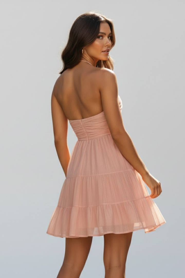 Women's Lightweight Airy Mini Dress – V-Neck Layered Flared Cut