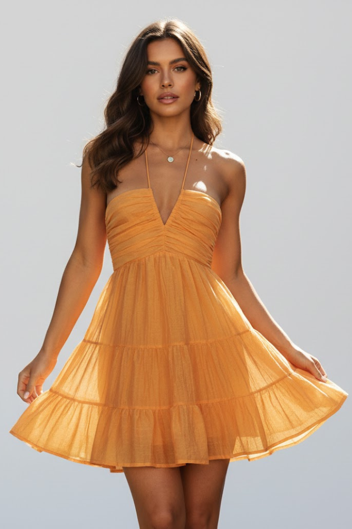 Women's Lightweight Airy Mini Dress – V-Neck Layered Flared Cut