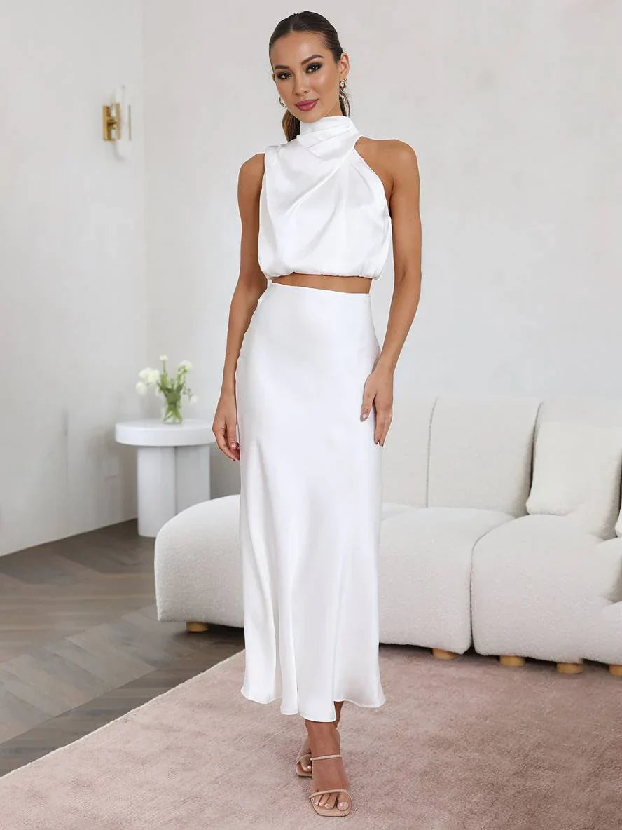 Women's Set Halter Top & Long Skirt – Backless, Draped Neckline & High Waist