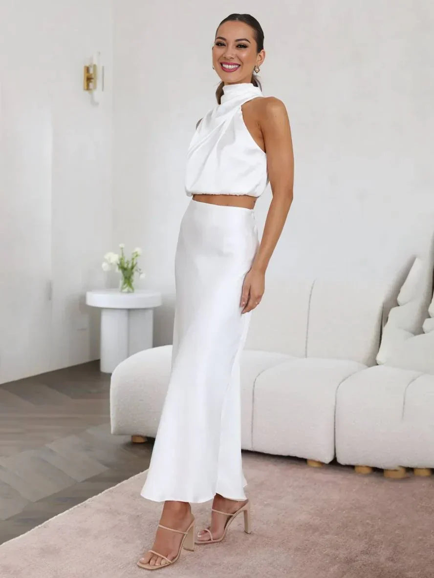Women's Set Halter Top & Long Skirt – Backless, Draped Neckline & High Waist