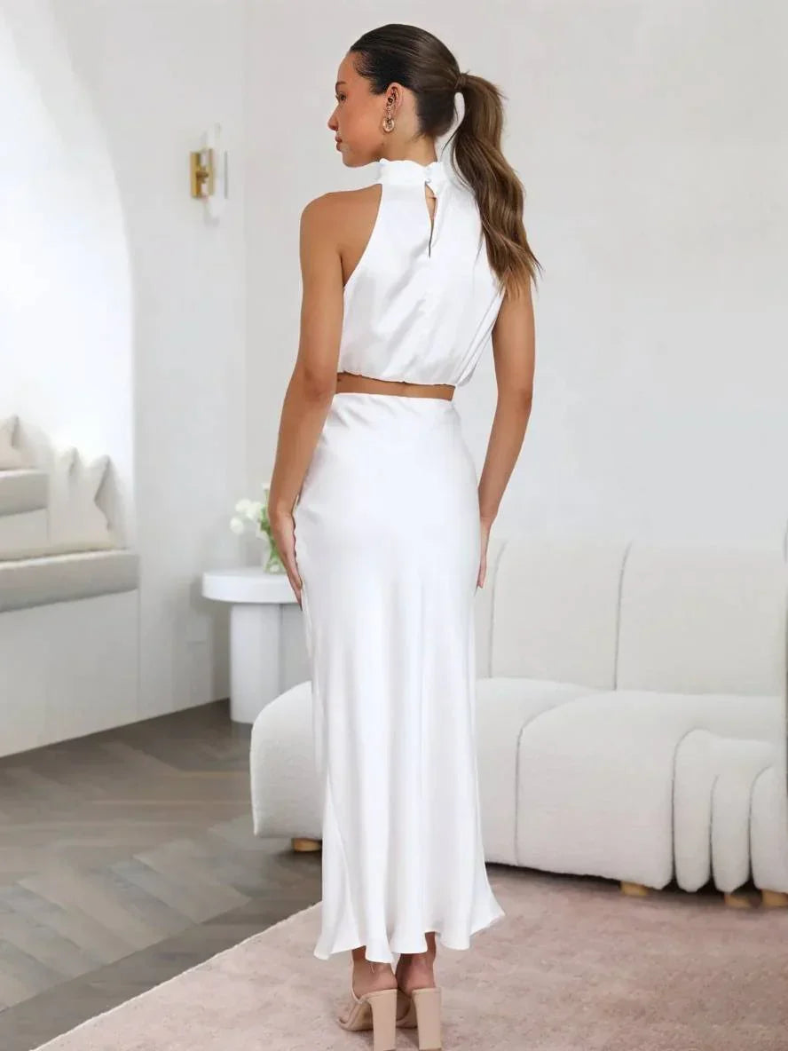 Women's Set Halter Top & Long Skirt – Backless, Draped Neckline & High Waist