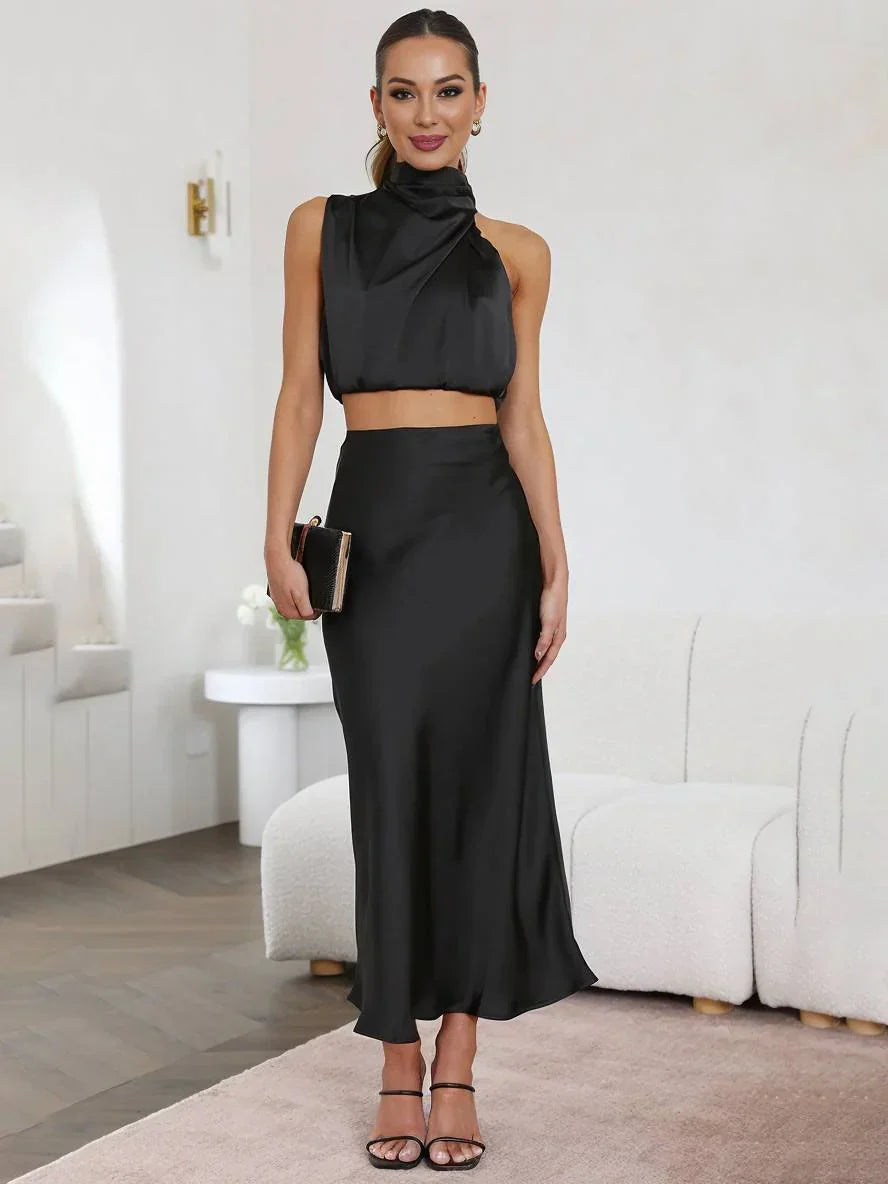Women's Set Halter Top & Long Skirt – Backless, Draped Neckline & High Waist