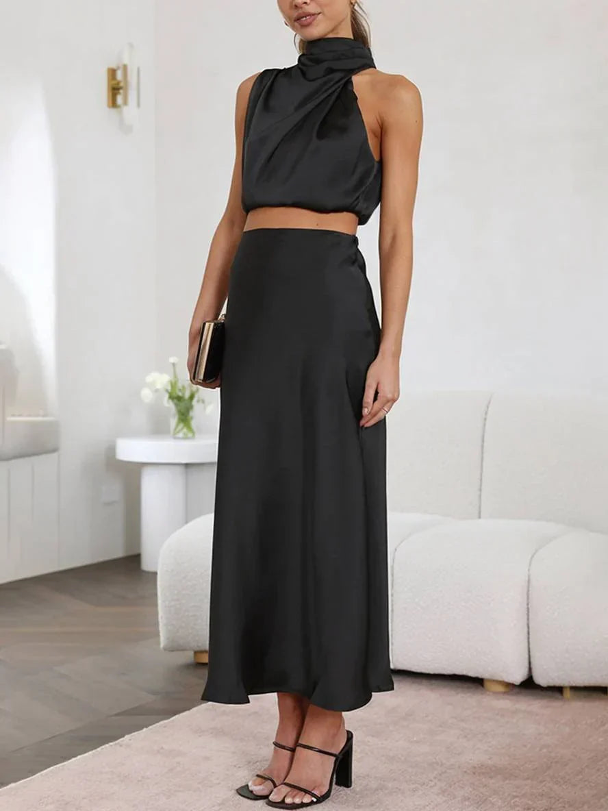 Women's Set Halter Top & Long Skirt – Backless, Draped Neckline & High Waist