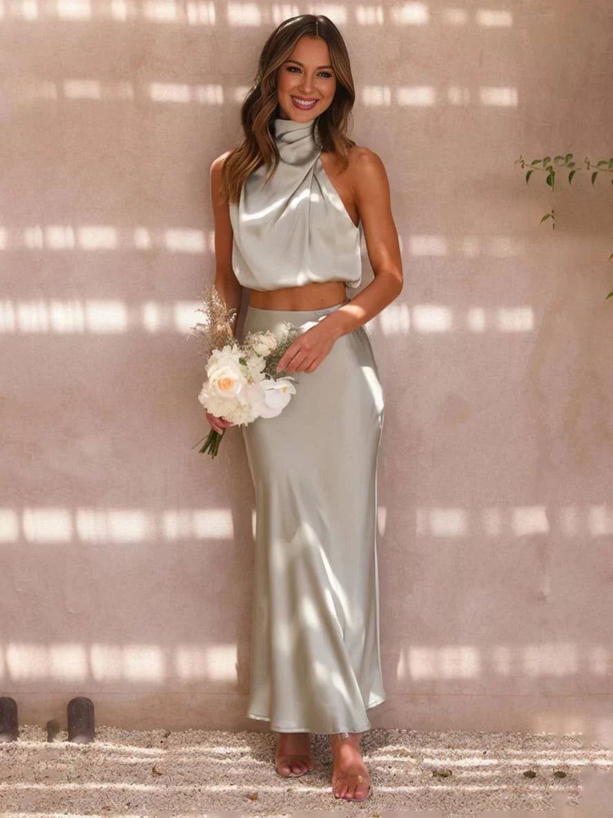 Women's Set Halter Top & Long Skirt – Backless, Draped Neckline & High Waist