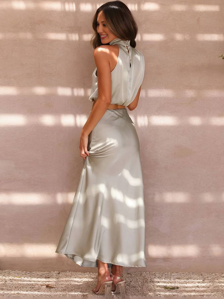 Women's Set Halter Top & Long Skirt – Backless, Draped Neckline & High Waist