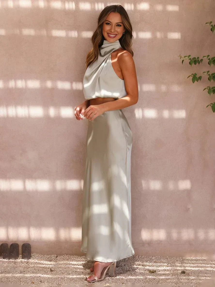 Women's Set Halter Top & Long Skirt – Backless, Draped Neckline & High Waist