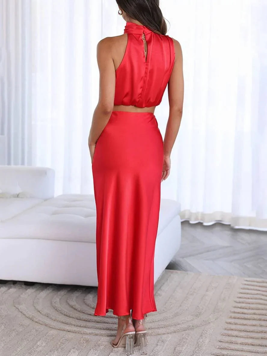 Women's Set Halter Top & Long Skirt – Backless, Draped Neckline & High Waist