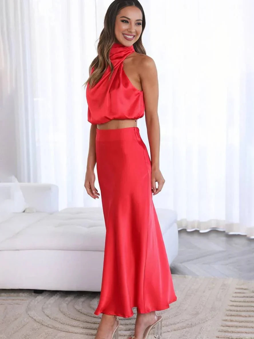 Women's Set Halter Top & Long Skirt – Backless, Draped Neckline & High Waist