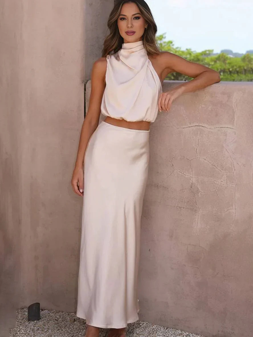 Women's Set Halter Top & Long Skirt – Backless, Draped Neckline & High Waist