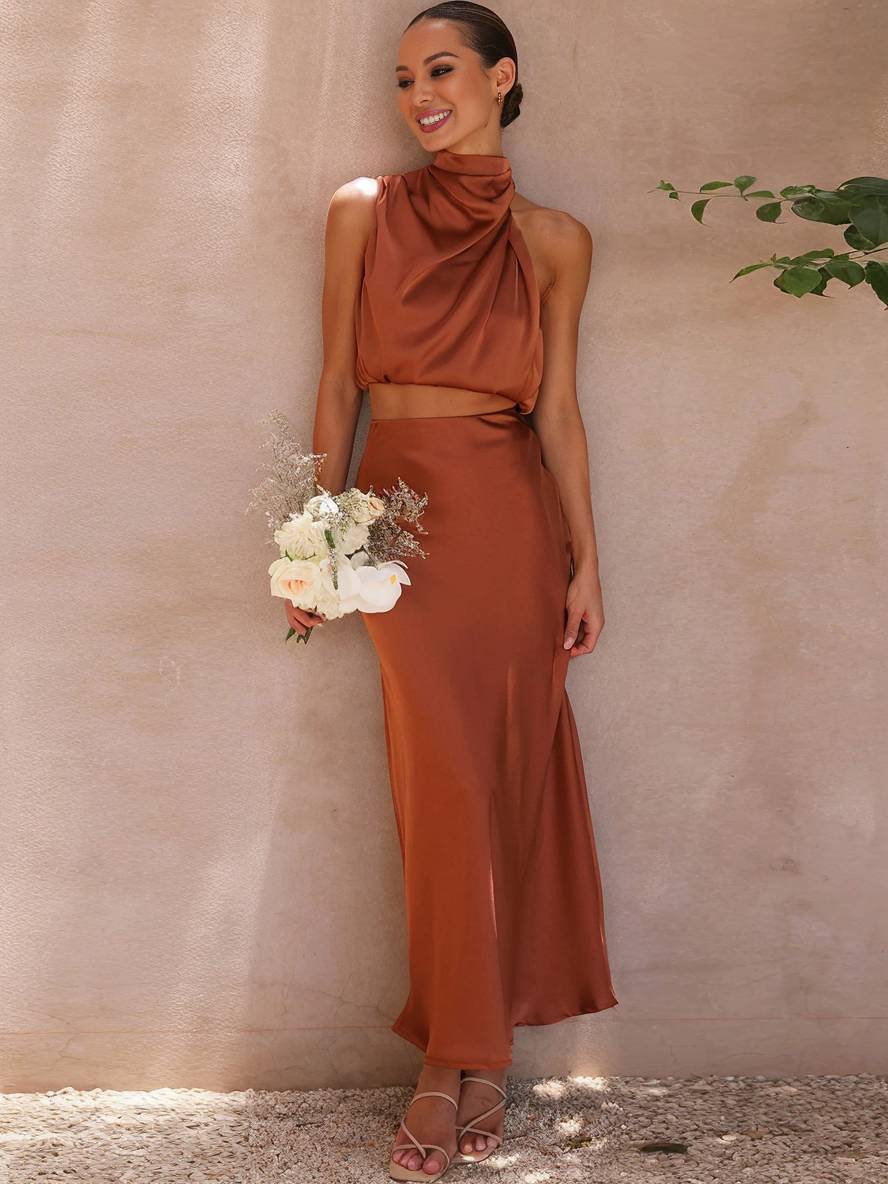 Women's Set Halter Top & Long Skirt – Backless, Draped Neckline & High Waist