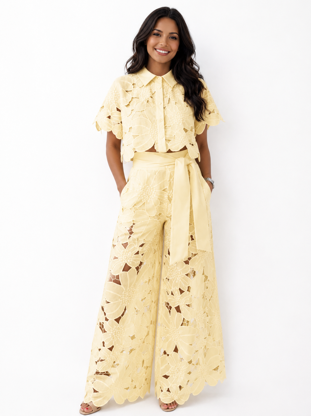 Women's Two-Piece Set in Floral Lace – Collared Blouse & Wide-Leg Pants